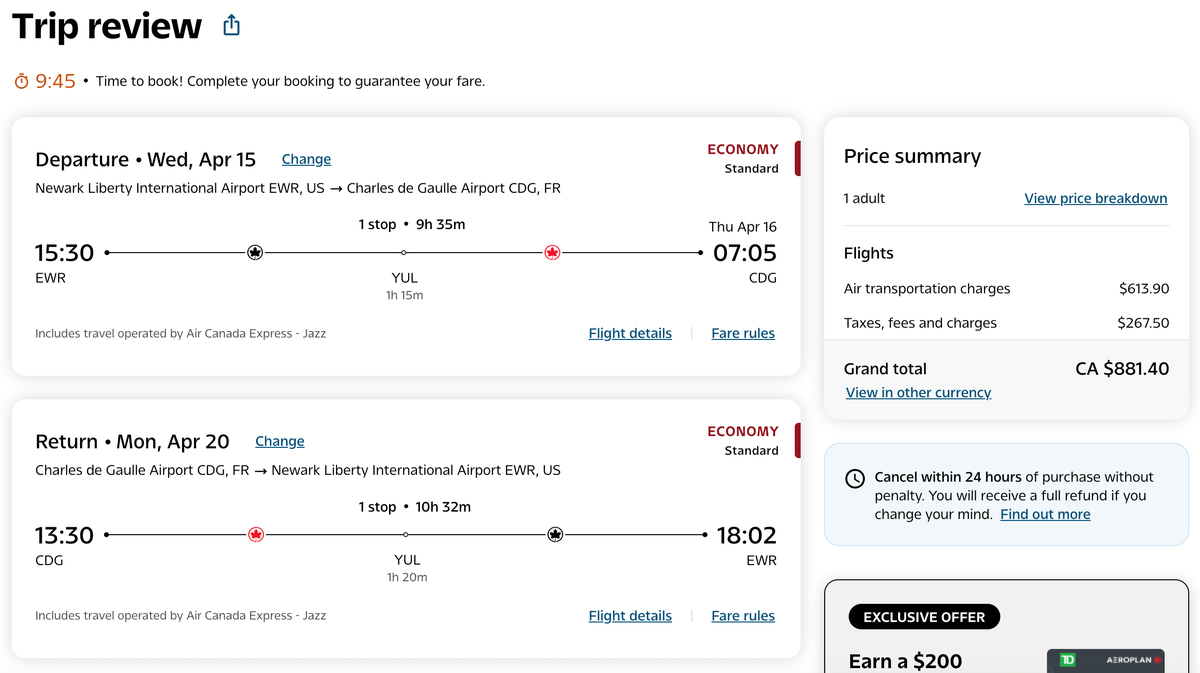 Air Canada EWR-YUL-CDG economy fare